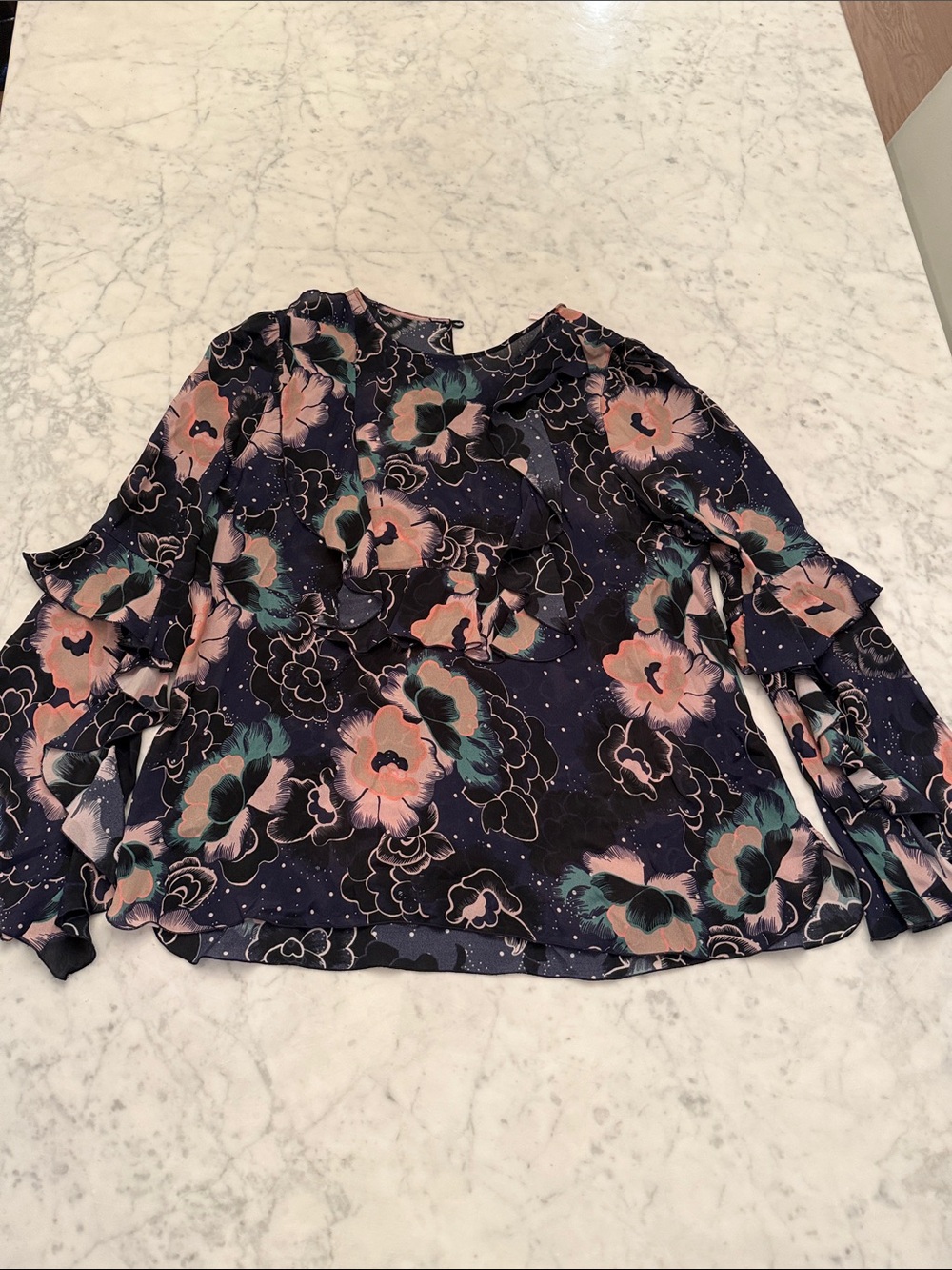 See By Chloé Navy Floral Ruffle Long-Sleeve Blouse